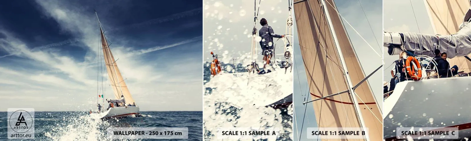 Photo Wallpaper Sample Standard Eco - They Won't Catch Us - Sailboat, Ocean, Sailing Yacht - 100x30 cm