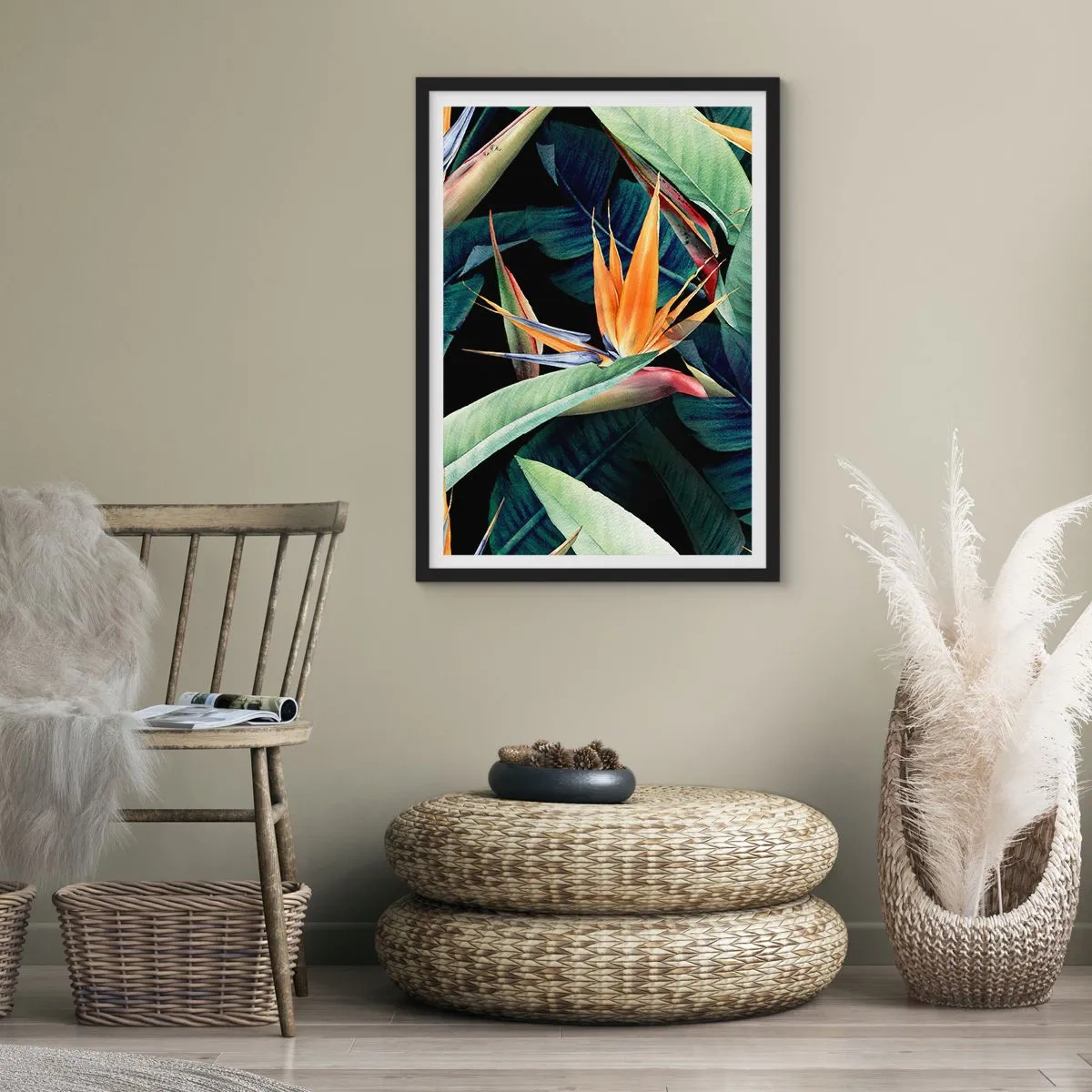 Poster in black frame - Exotic strelitzia flower on a dark background - 50x70cm - Flaming Flowers of the Tropics - Modern wall decoration for the living room and bedroom ARTTOR