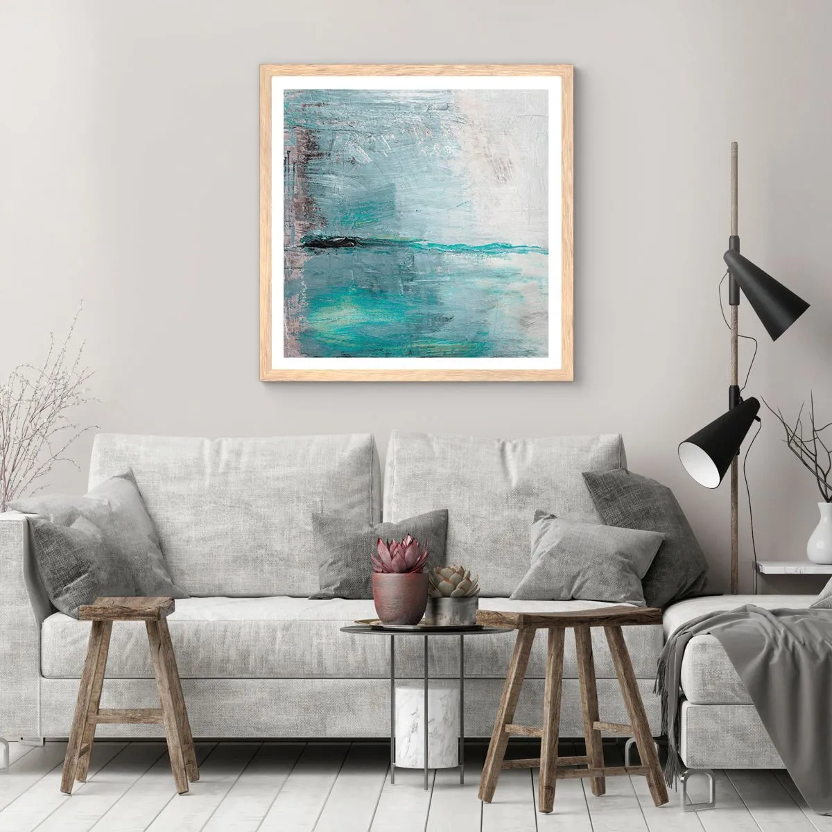 Poster in light oak frame - Horizontally in Blue - 60x60 cm