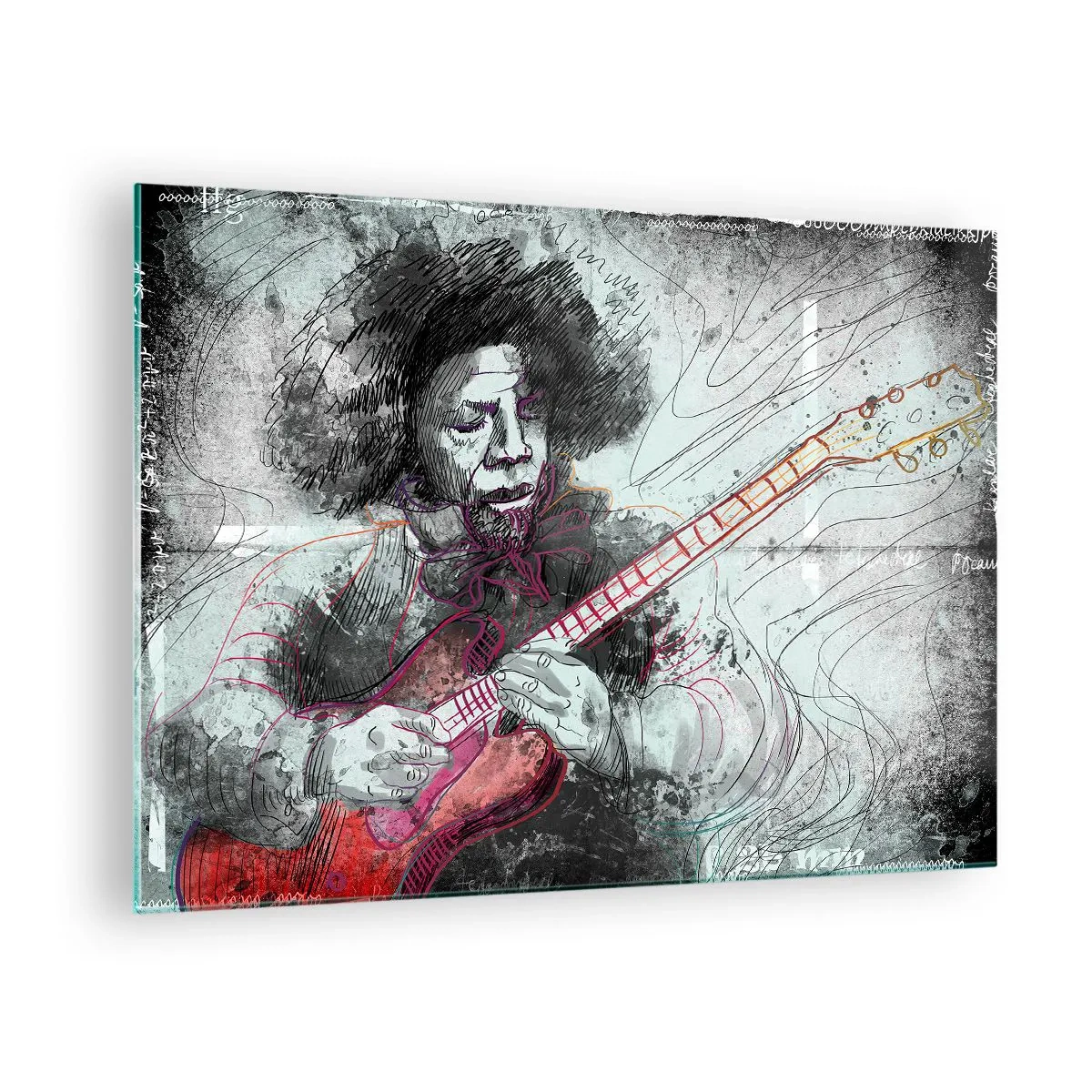 Glass picture - Artistic portrait of a musician with an electric guitar - 70x50cm - On the Waves of Music - Modern wall decoration for the living room and bedroom ARTTOR