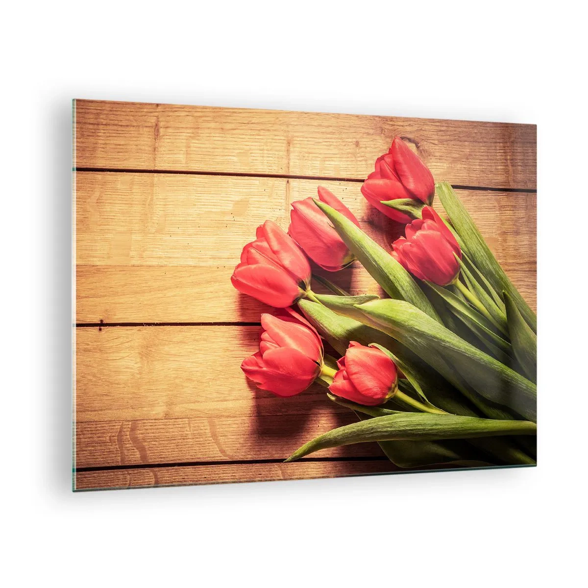 Glass picture - Red tulips on a wooden board - 70x50cm - Spring Confession - Modern wall decoration for the living room and bedroom ARTTOR