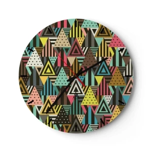 Wall clock - Clock on glass - Colorful triangles in a geometric pattern on a dark background - 30x30cm - In Rhythm on Three - Modern wall decoration for the living room, kitchen, and bedroom ARTTOR