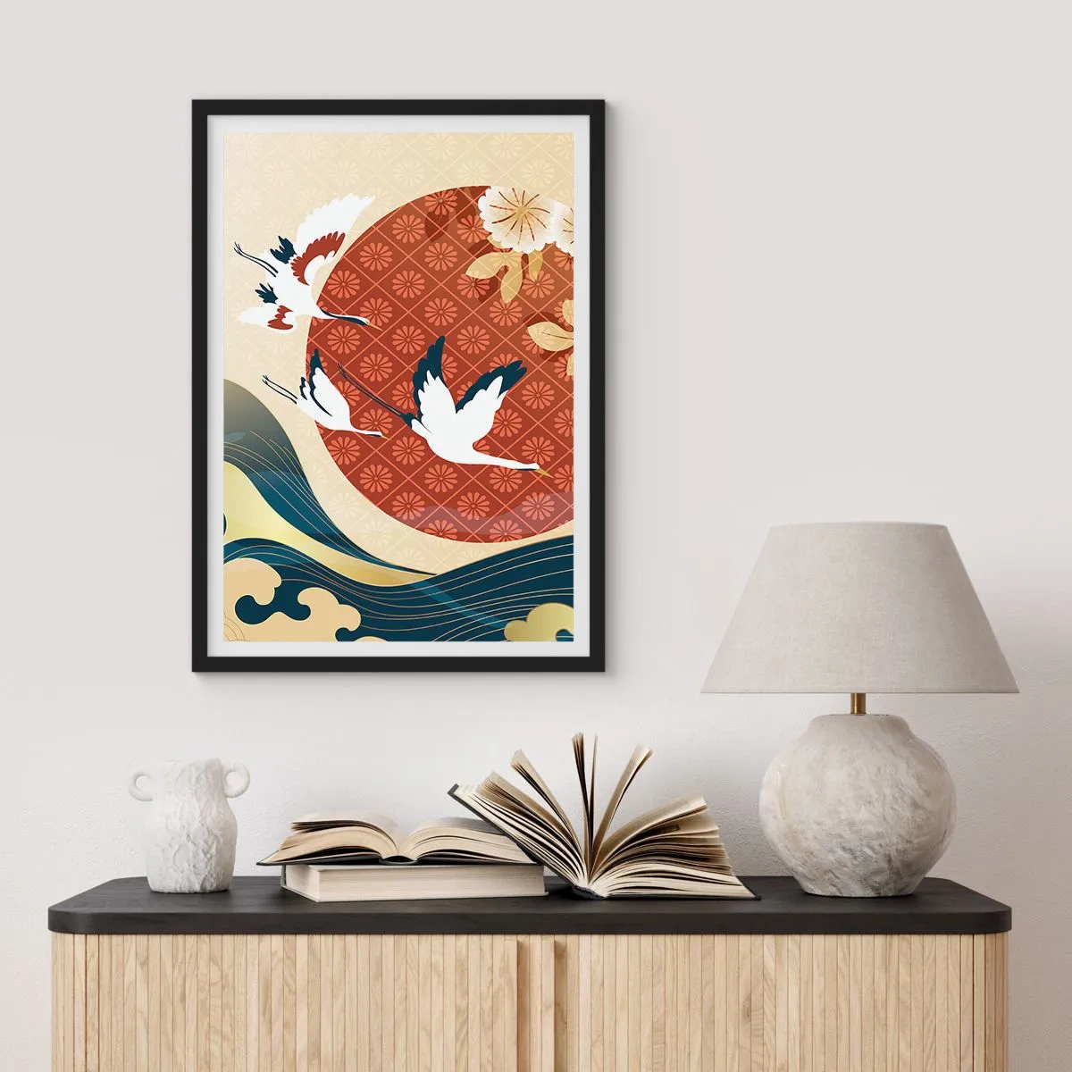 Poster in black frame - Japanese composition with cranes, waves and a red circle - 50x70cm - Japanese Tale - Modern wall decoration for the living room and bedroom ARTTOR