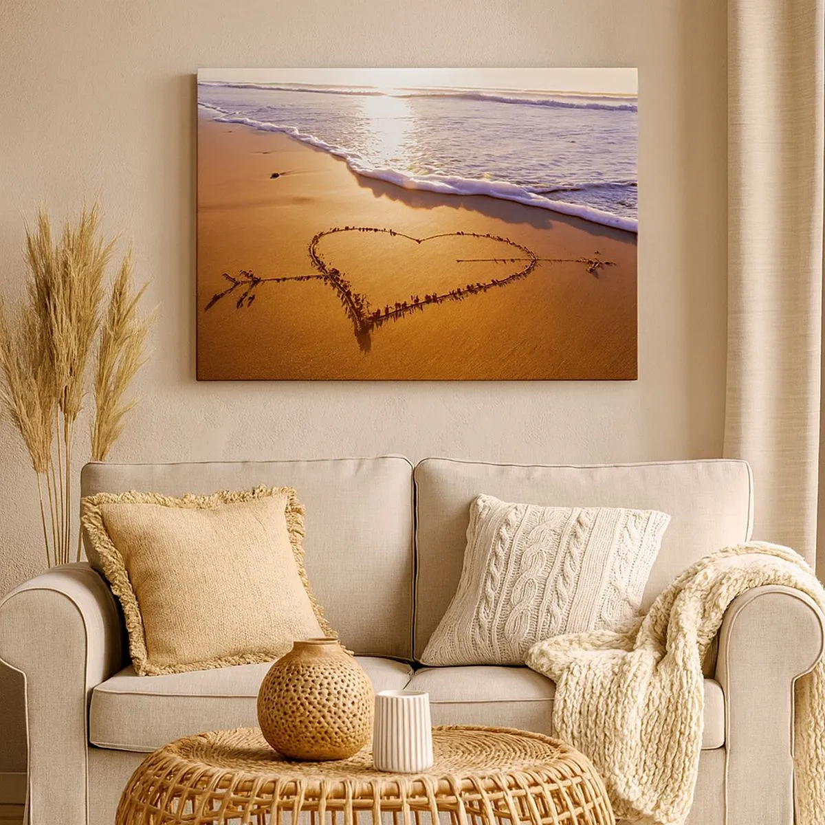 Canvas picture - A heart made of sand on the beach during sunset - 70x50cm - Holiday Confession - Modern wall decoration for the living room and bedroom ARTTOR