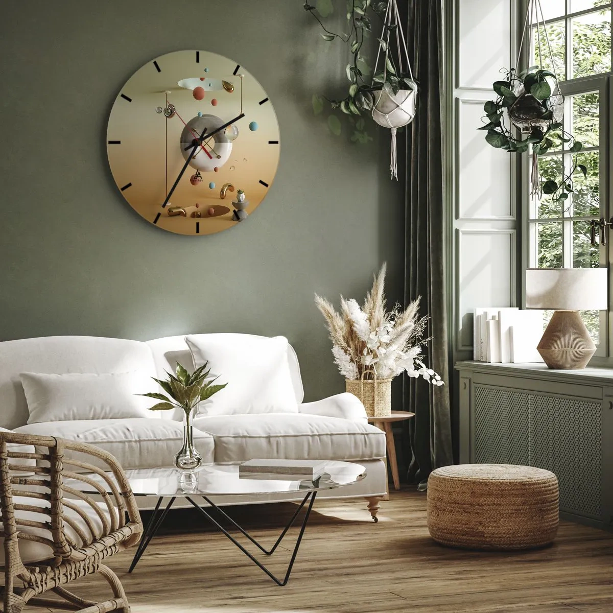 Wall clock - Clock on glass - Abstract composition with spheres and geometric shapes - 30x30cm - Anything Can Happen - Modern wall decoration for the living room, kitchen, and bedroom ARTTOR