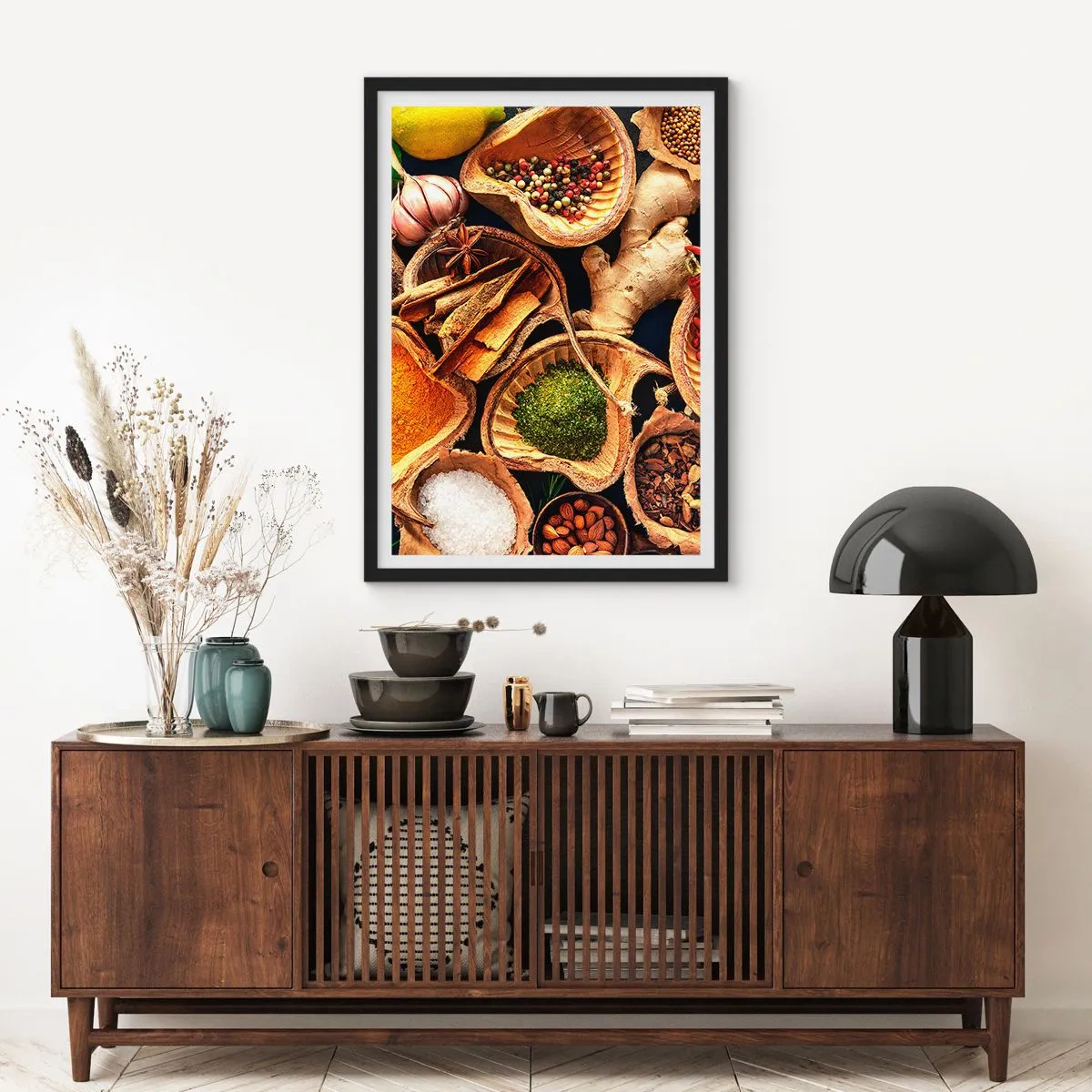 Poster in black frame - Close-up of spices in natural containers - 50x70cm - Take What You Want - Modern wall decoration for the living room and bedroom ARTTOR