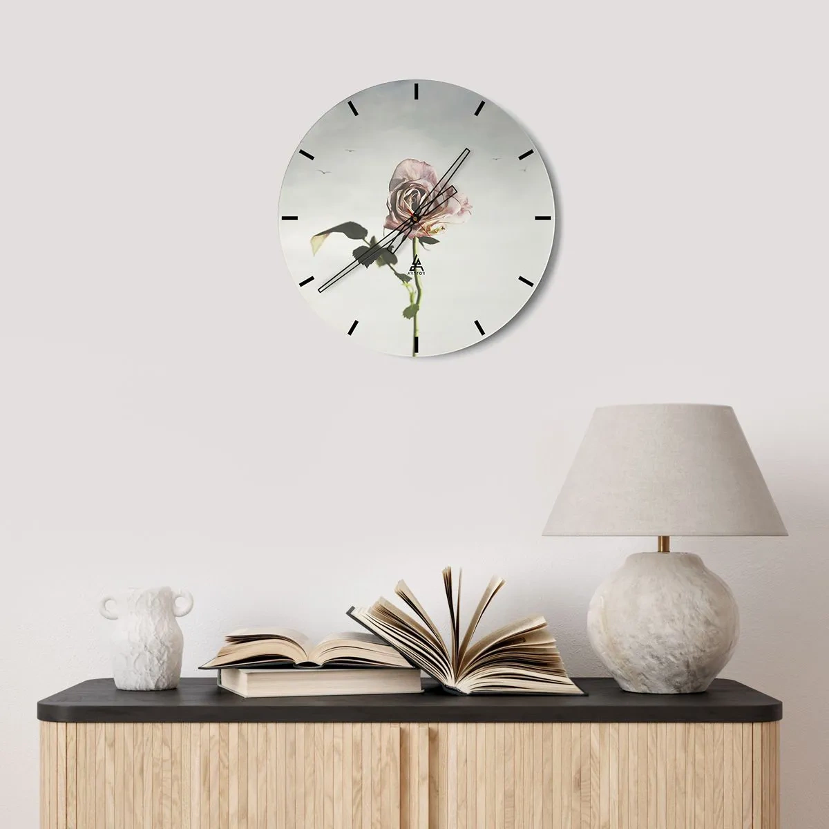 Wall clock - Clock on glass - A delicate rose on a light background with birds in the distance - 30x30cm - Welcoming of Spring - Modern wall decoration for the living room, kitchen, and bedroom ARTTOR