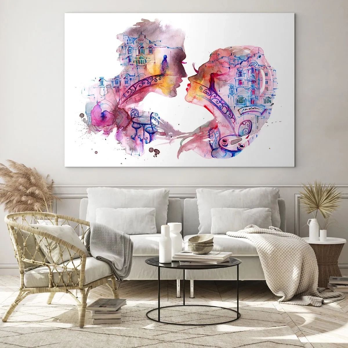 Glass picture - Illustration of an abstract portrait of two people in the shape of a heart - 70x50cm - Secret Bridge Of Sighs - Modern wall decoration for the living room and bedroom ARTTOR