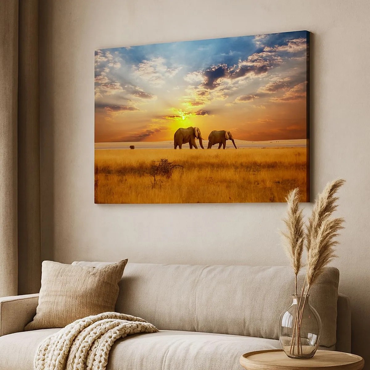 Canvas picture - Elephants on the savannah at sunset - 70x50cm - Family Walk - Modern wall decoration for the living room and bedroom ARTTOR