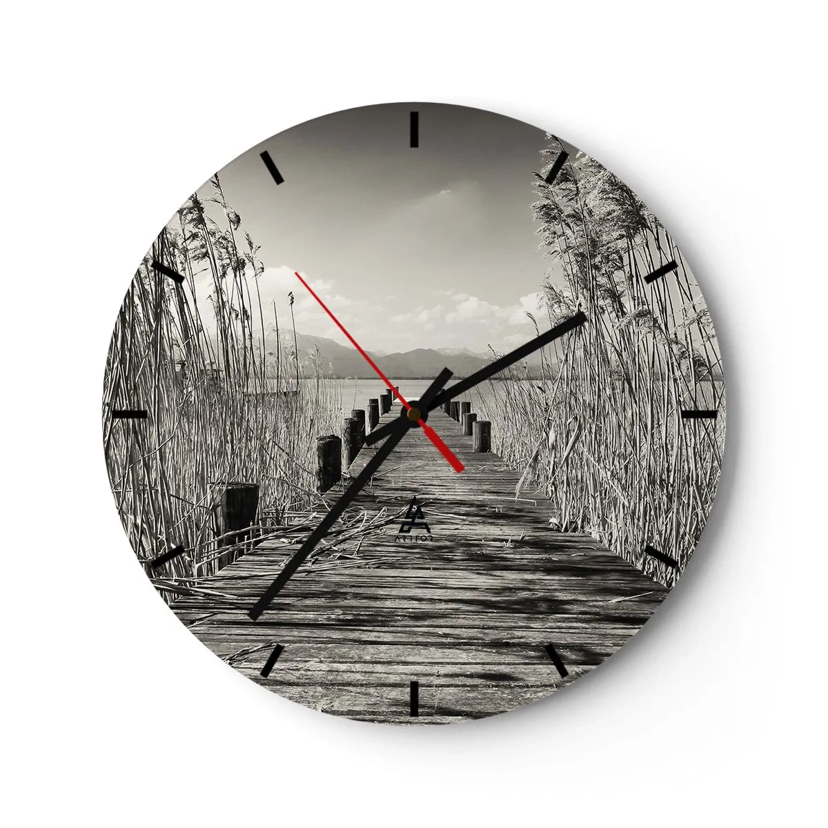 Wall clock - Clock on glass - A wooden bridge among the grass leading to the lake - 30x30cm - In the Grass - Modern wall decoration for the living room, kitchen, and bedroom ARTTOR
