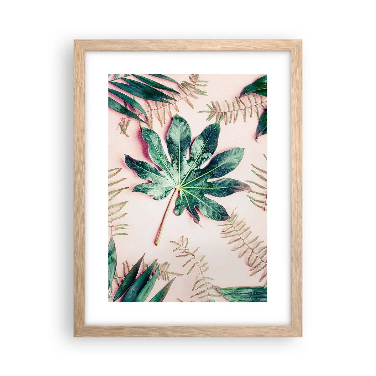 Poster in light oak frame - Study in Green on Pink Background - 30x40 cm