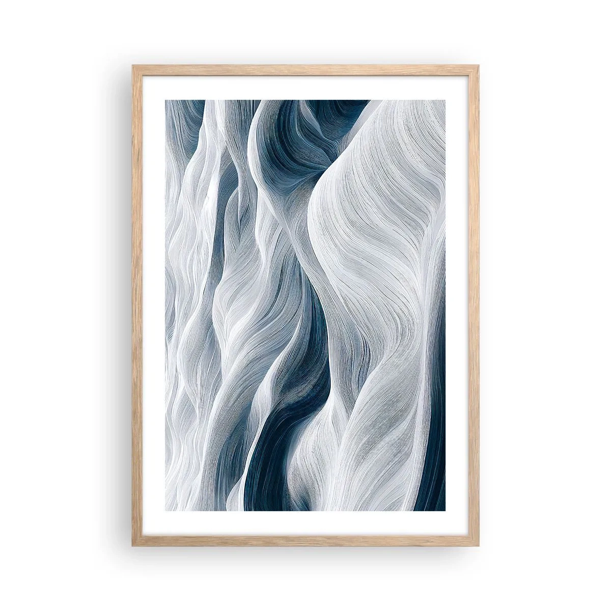 Poster in light oak frame - White and Blue Waves - 50x70 cm
