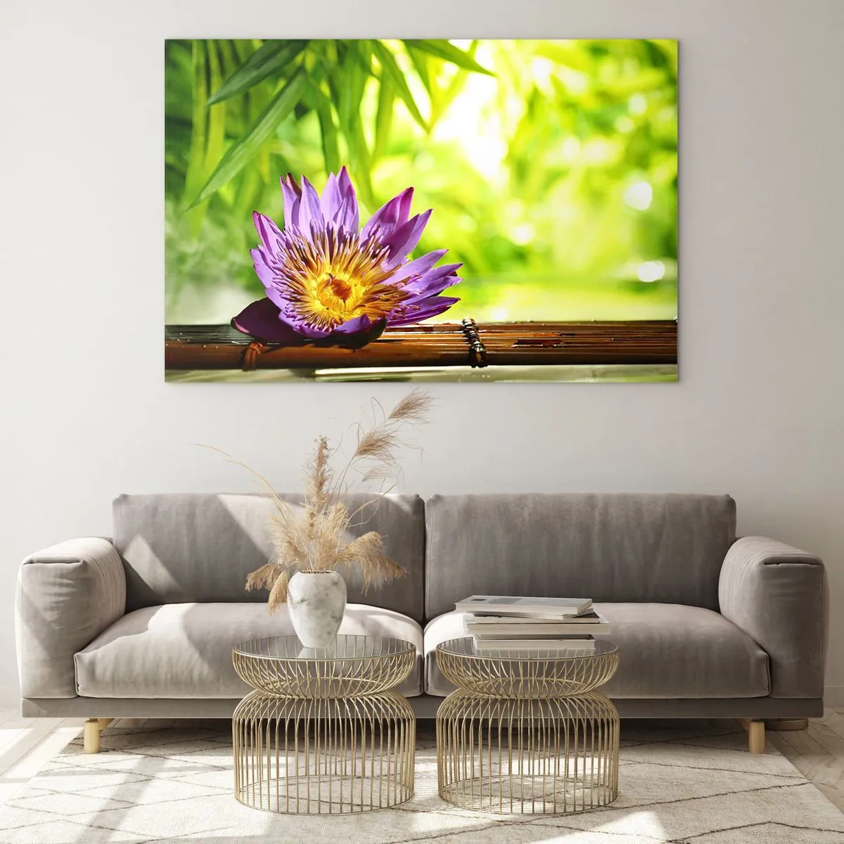 Glass picture - Purple lotus flower on a bamboo board with a green background - 70x50cm - In the Asian Sun - Modern wall decoration for the living room and bedroom ARTTOR