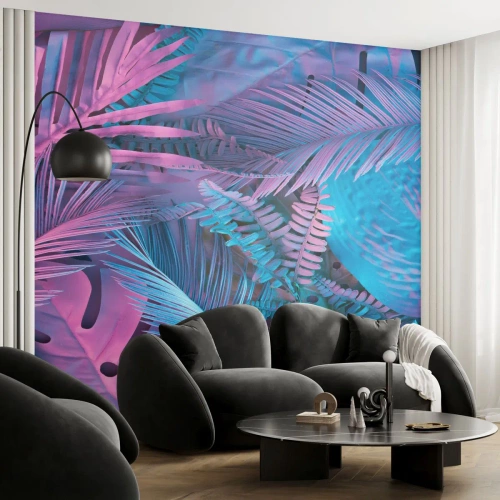 Photo Wallpaper Standard Eco - Tropics in Pink and Blue - Abstraction, Leaves, Tropical Plant - 450x315 cm