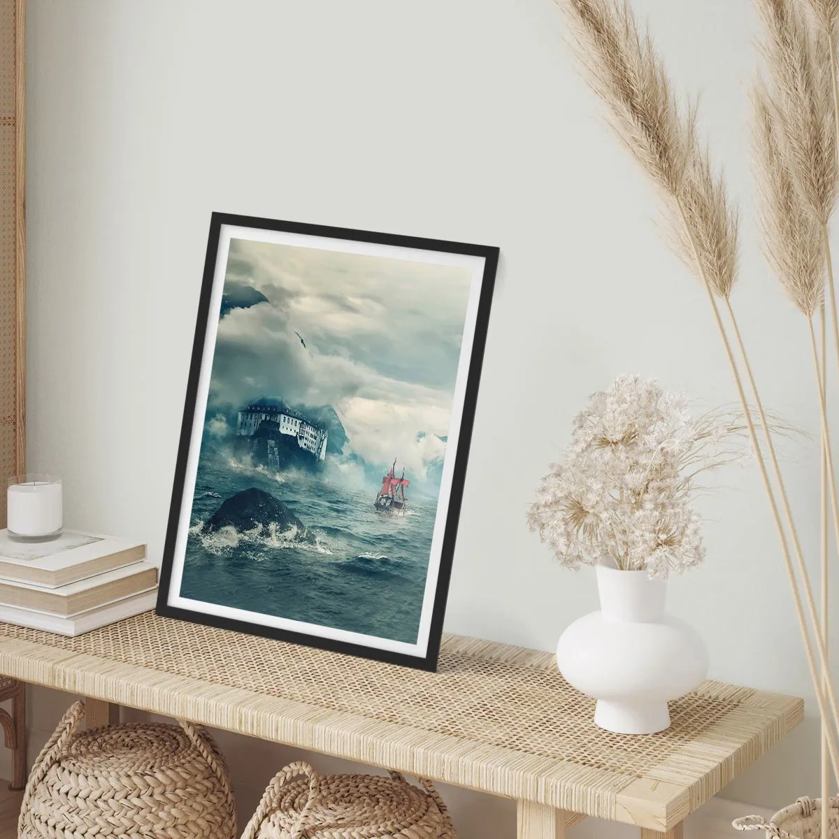 Poster in black frame - A ship on a stormy sea near a castle in the fog - 50x70cm - On Magical Waters - Modern wall decoration for the living room and bedroom ARTTOR