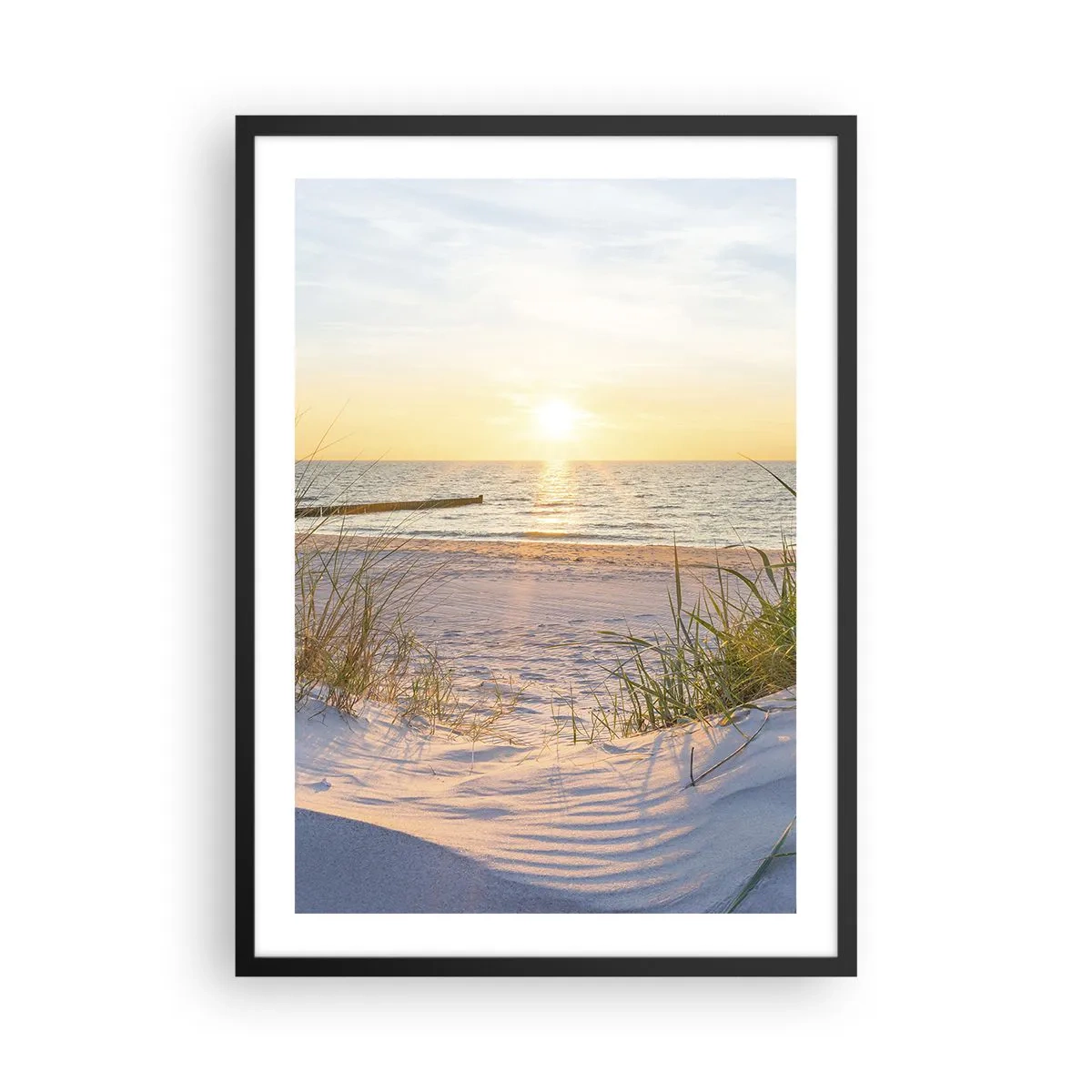 Poster in black frame - Sunset beach with a sea view - 50x70cm - Sound of the Sea, Singing of the Birds, Wild Beach among Grass - Modern wall decoration for the living room and bedroom ARTTOR