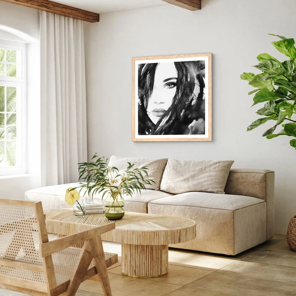 Poster in light oak frame - Portriat of a Lady in  Black and White - 50x50 cm