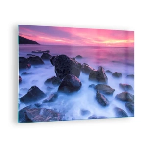Glass picture - Waves crashing on the rocks at sunset - 70x50cm - Born in Light and Mist - Modern wall decoration for the living room and bedroom ARTTOR