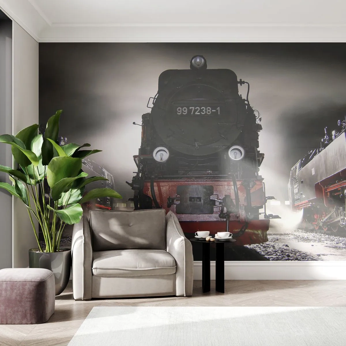 Photo Wallpaper Premium Sand - Standing and Wheezing, Panting and Blowing - Steam locomotive, Railway station, Automotive - 100x70 cm