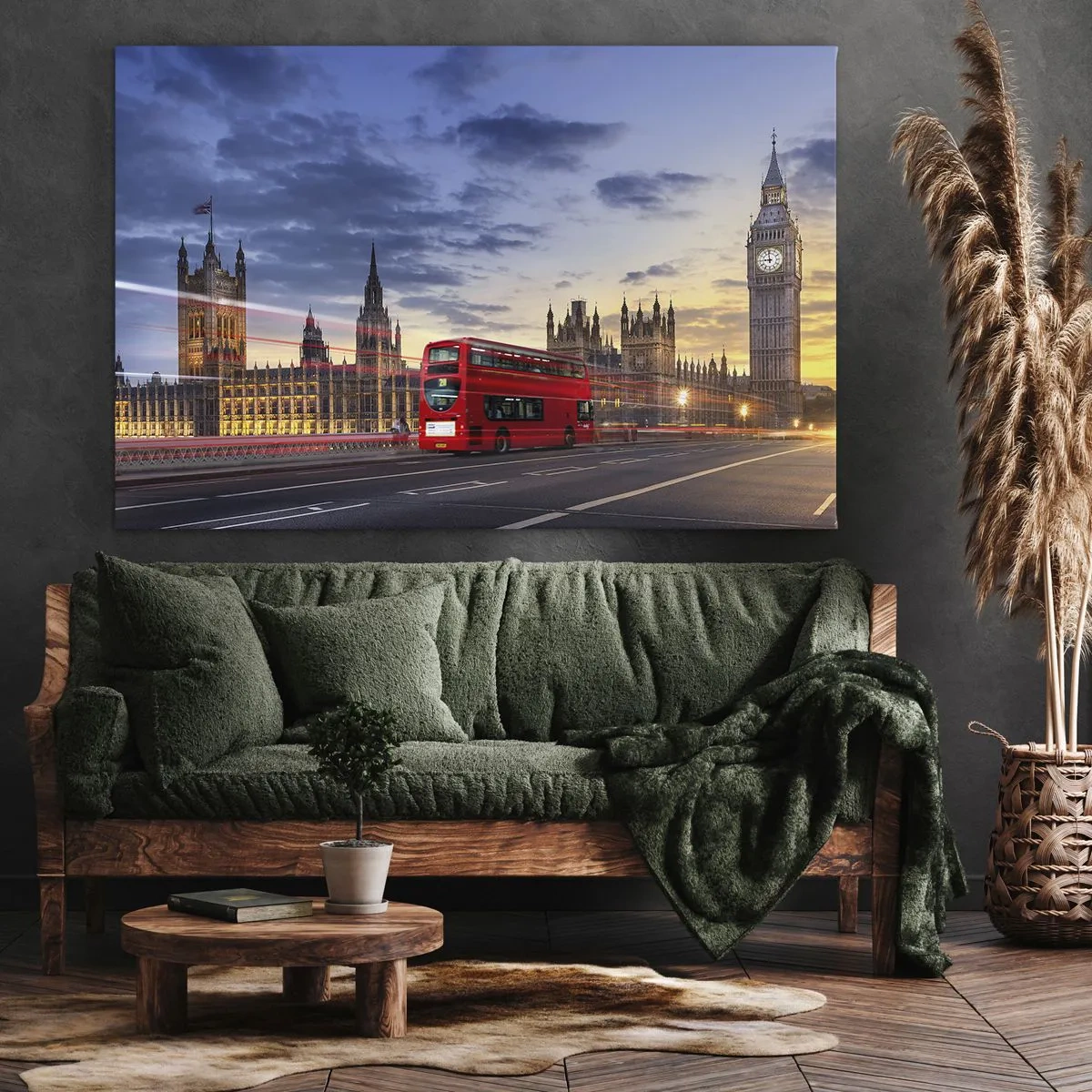 Canvas picture - A red bus with Big Ben and the Houses of Parliament in the background at dusk. - 70x50cm - Characteristic Landmarks - Modern wall decoration for the living room and bedroom ARTTOR