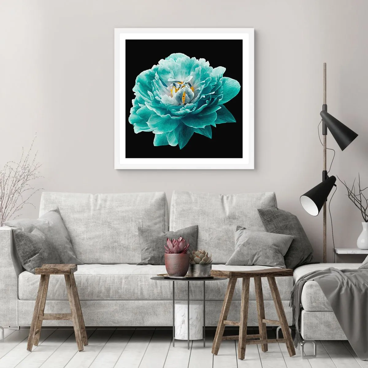 Poster in white frmae - Blue and Gold Petals - 30x30 cm