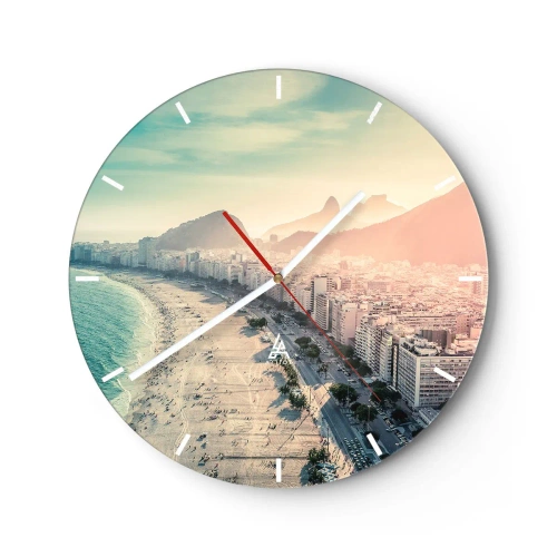 Wall clock - Clock on glass - Panorama of the beach and city at sunset - 30x30cm - Eternal Holiday in Rio - Modern wall decoration for the living room, kitchen, and bedroom ARTTOR