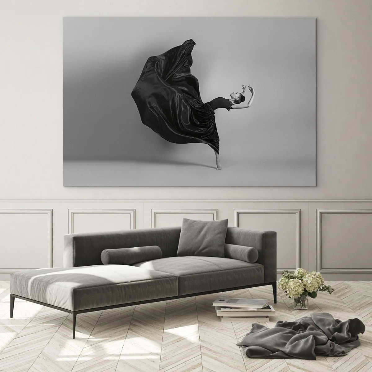 Glass picture - A dancer in a black dress floating dynamically in the air - 70x50cm - On the Wings of Music - Modern wall decoration for the living room and bedroom ARTTOR