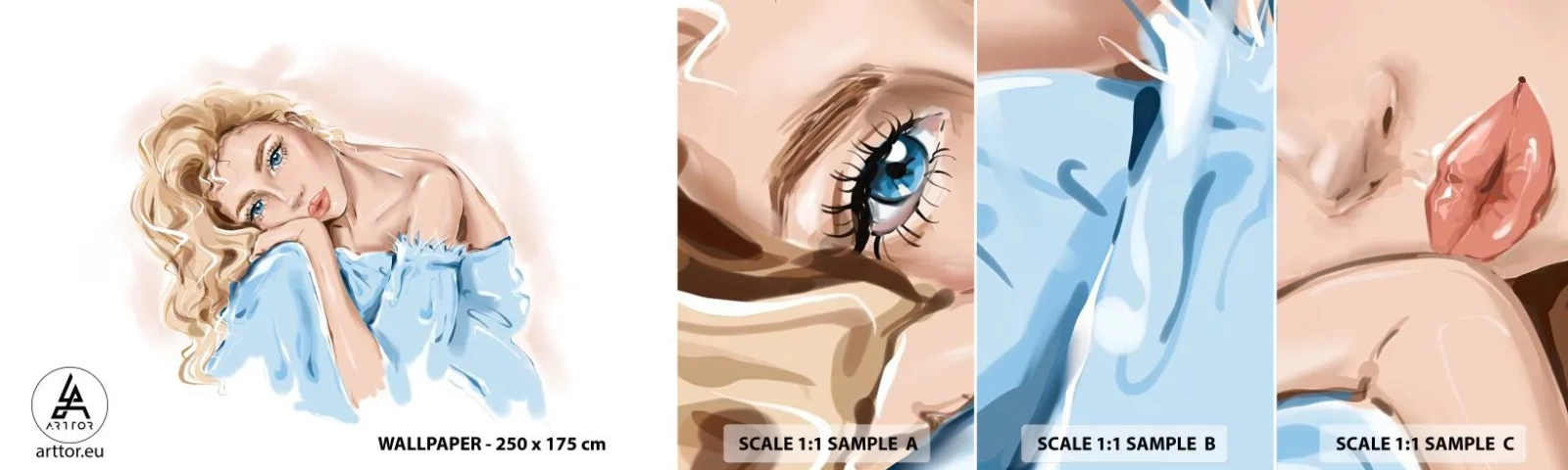 Photo Wallpaper Sample Standard Eco - Dreamy in Blue - Woman, Fashion, Graphics - 100x30 cm