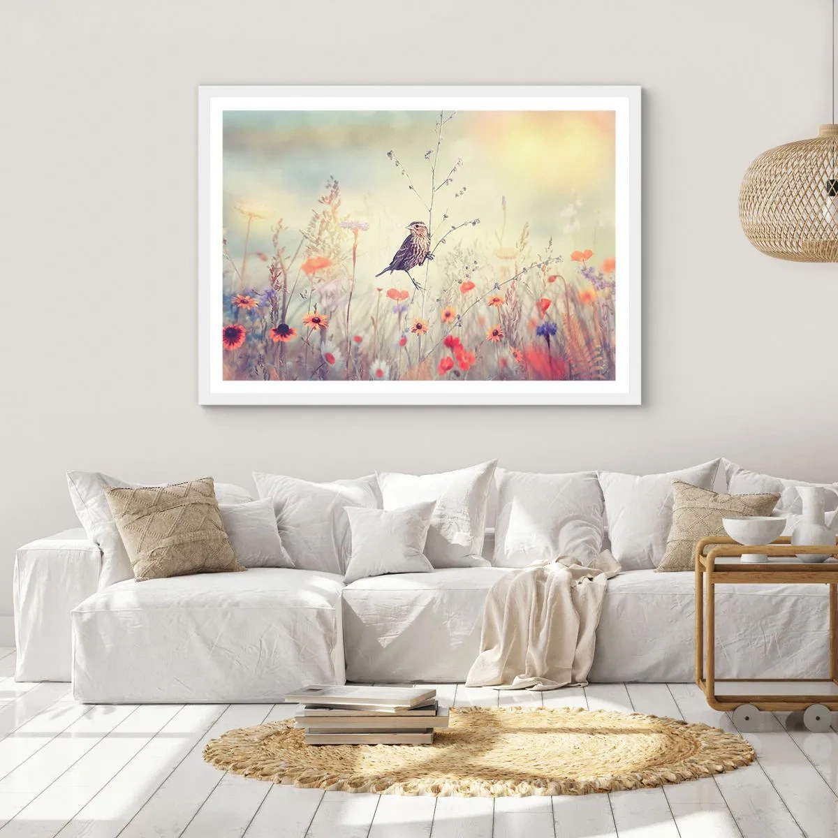 Poster in white frmae - Bird Portrait with a Meadow in the Background - 91x61 cm
