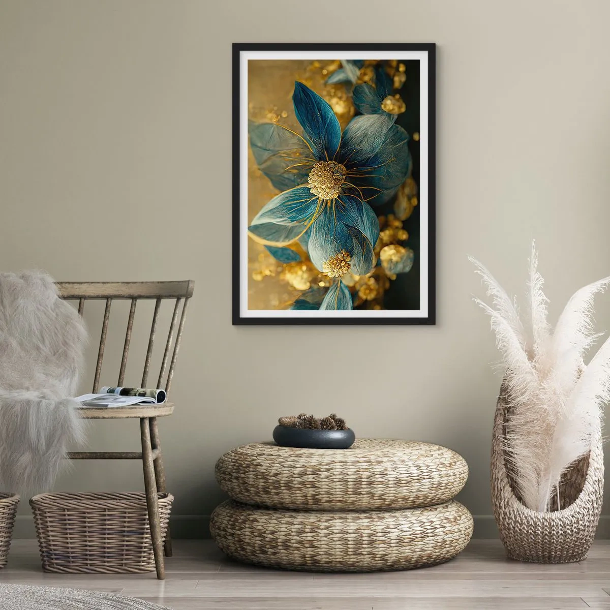 Poster in black frame - Gold and navy blue flowers in an elegant composition - 50x70cm - Blossoming in Gold - Modern wall decoration for the living room and bedroom ARTTOR