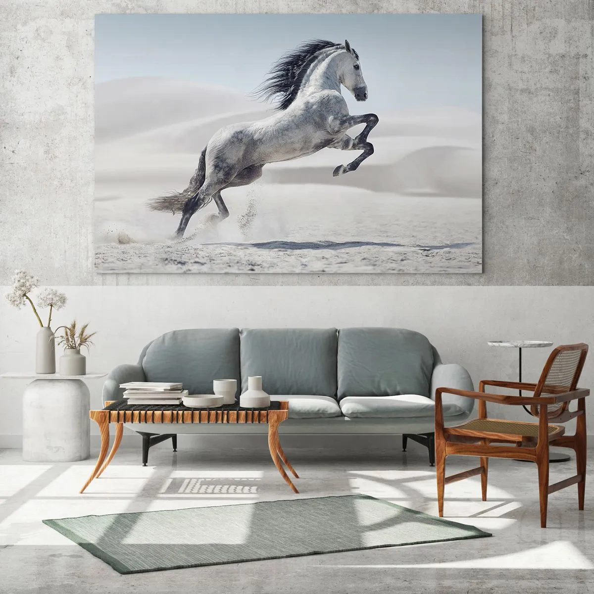 Glass picture - A white horse leaping against the backdrop of desert dunes - 70x50cm - Arabic Prince - Modern wall decoration for the living room and bedroom ARTTOR