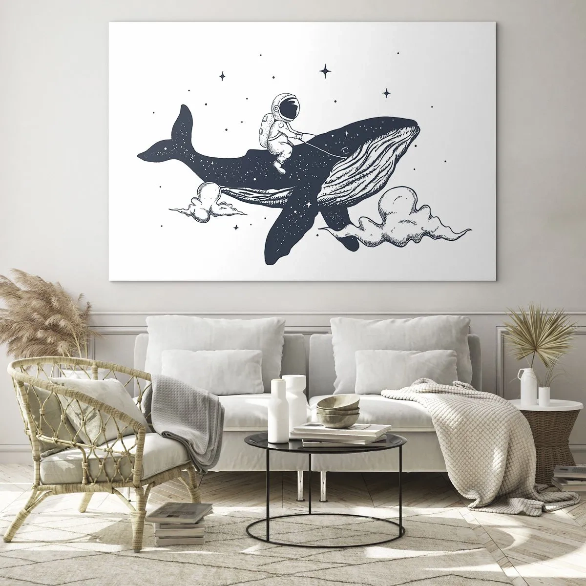 Glass picture - Astronaut riding a whale among stars and clouds - 70x50cm - Space Adventure - Modern wall decoration for the living room and bedroom ARTTOR