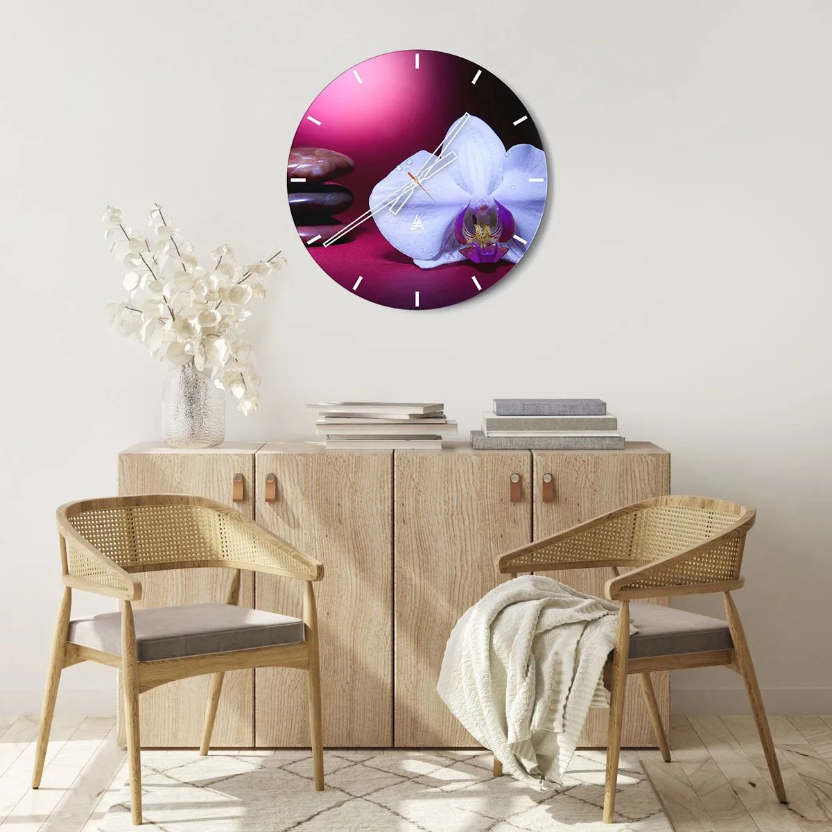 Wall clock - Clock on glass - A white orchid against a background of stones and purple - 30x30cm - Study of Freshness in Purple - Modern wall decoration for the living room, kitchen, and bedroom ARTTOR