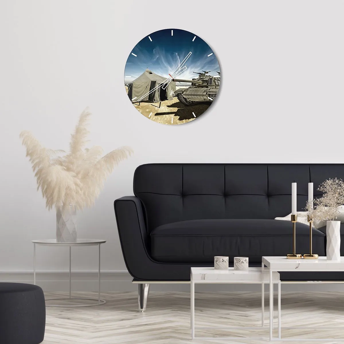 Wall clock - Clock on glass - A tank and a tent against a blue sky - 30x30cm - Military Dream - Modern wall decoration for the living room, kitchen, and bedroom ARTTOR