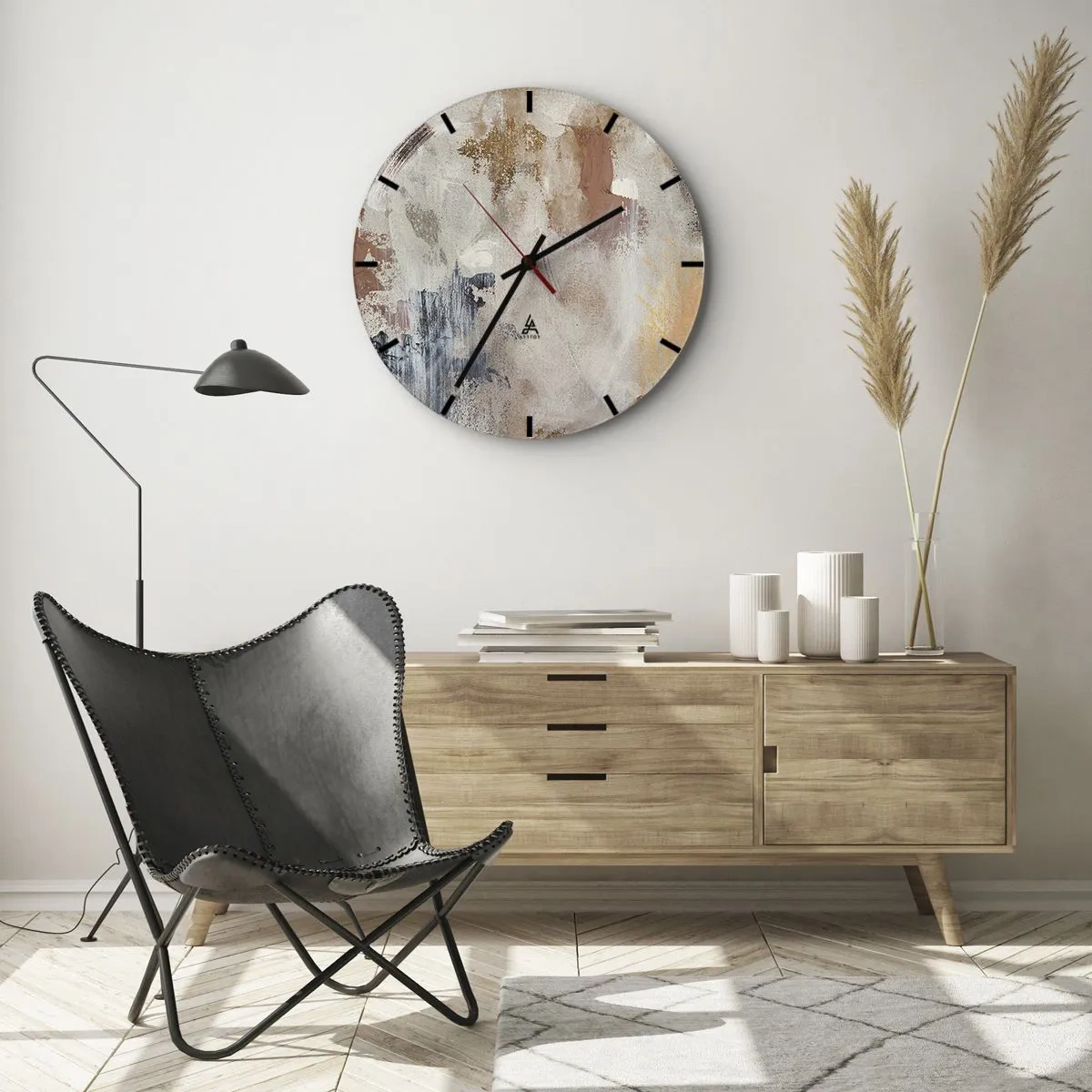 Wall clock - Clock on glass - Beige and brown abstraction with delicate paint strokes - 30x30cm - Foggy Abstract - Modern wall decoration for the living room, kitchen, and bedroom ARTTOR