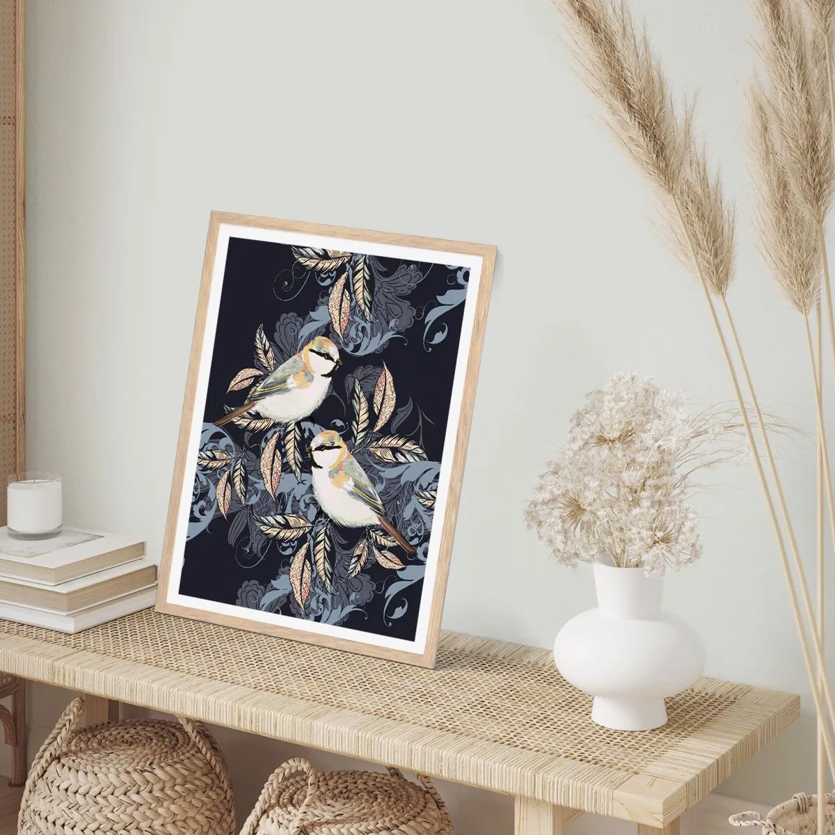 Poster in light oak frame - Blue and Yellow Chirp - 70x100 cm