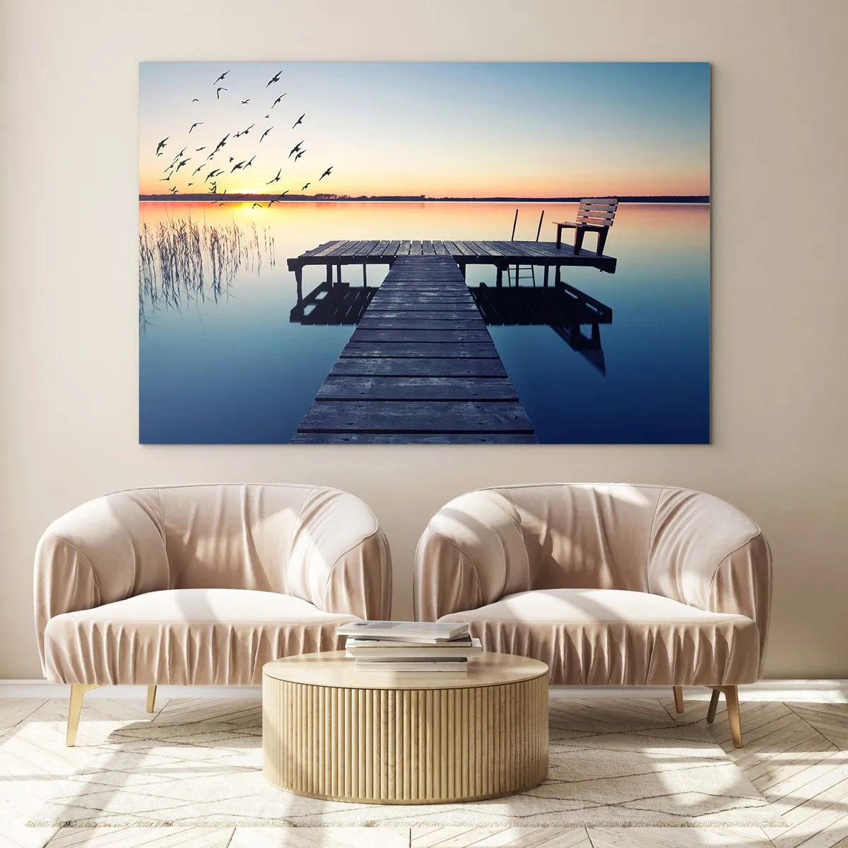 Glass picture - A pier on the lake with a view of the sunset and birds in flight - 70x50cm - It Was a Good Day - Modern wall decoration for the living room and bedroom ARTTOR