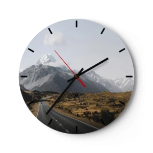 Wall clock - Clock on glass - A road leading towards snow-capped mountains under a clear sky - 30x30cm - Road to the Heart of the Mountains - Modern wall decoration for the living room, kitchen, and bedroom ARTTOR