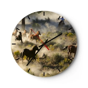 Wall clock - Clock on glass - Galloping horses in the dust - 30x30cm - Rivalry - Freedom or Man Power? - Modern wall decoration for the living room, kitchen, and bedroom ARTTOR