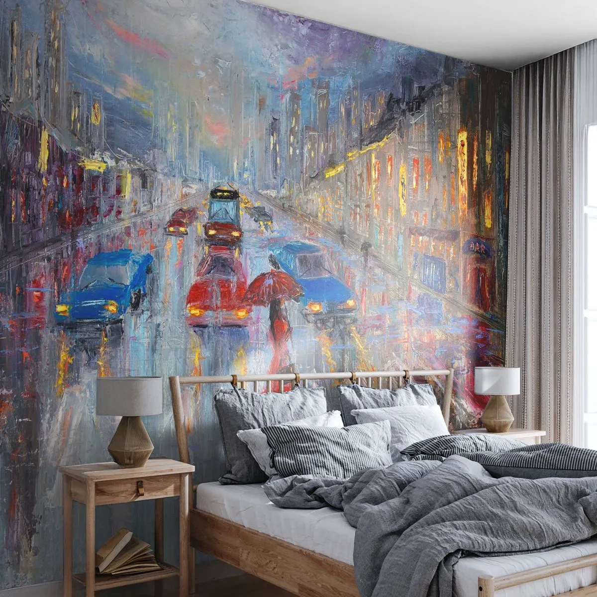 Self-Adhesive Photo Wallpaper Deluxe Sticker - Rainy Afternoon in a City - City, Architecture, Walk in the rain - 450x315 cm