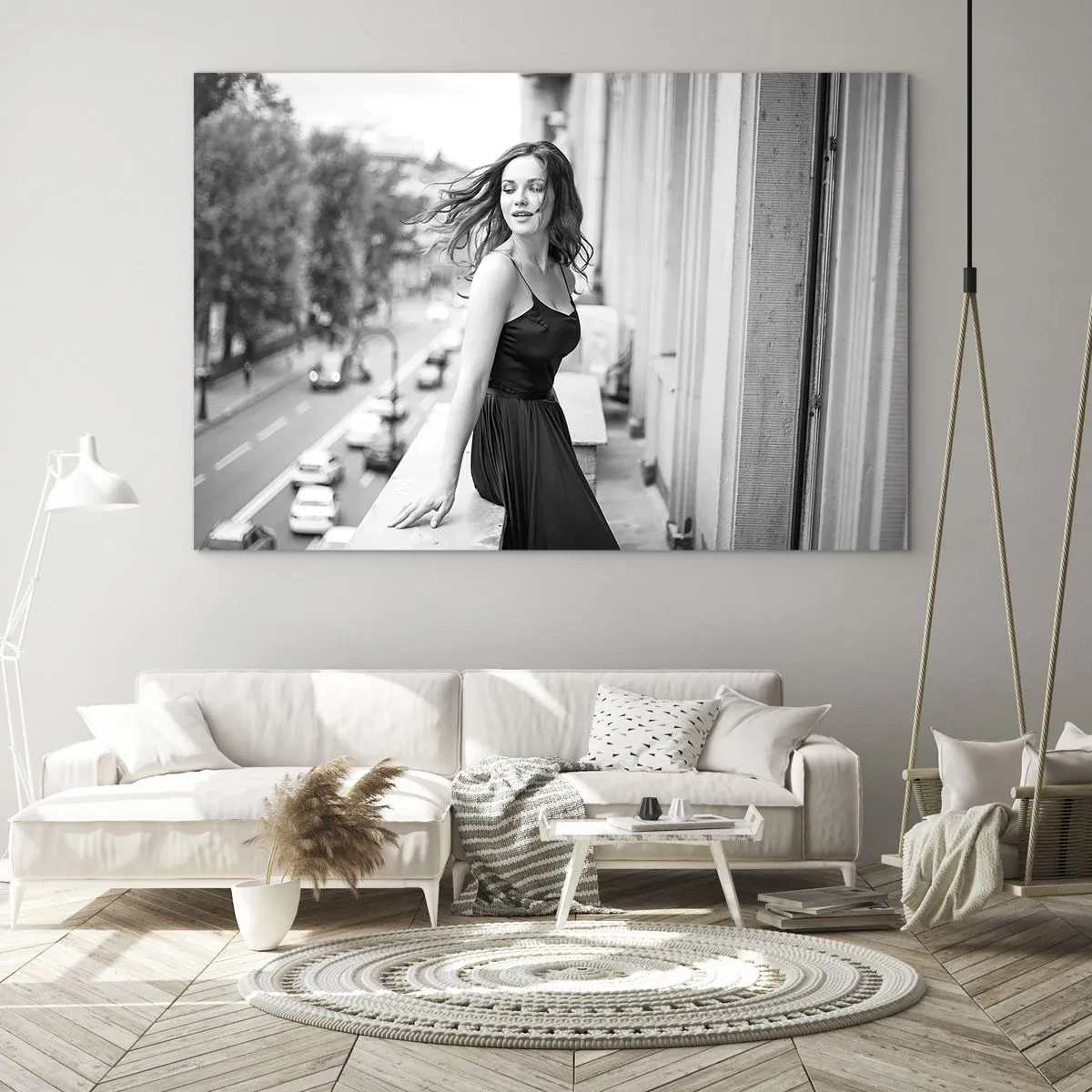 Glass picture - A woman in a black dress on a Parisian-style balcony - 70x50cm - Certainly a Parisian - Modern wall decoration for the living room and bedroom ARTTOR