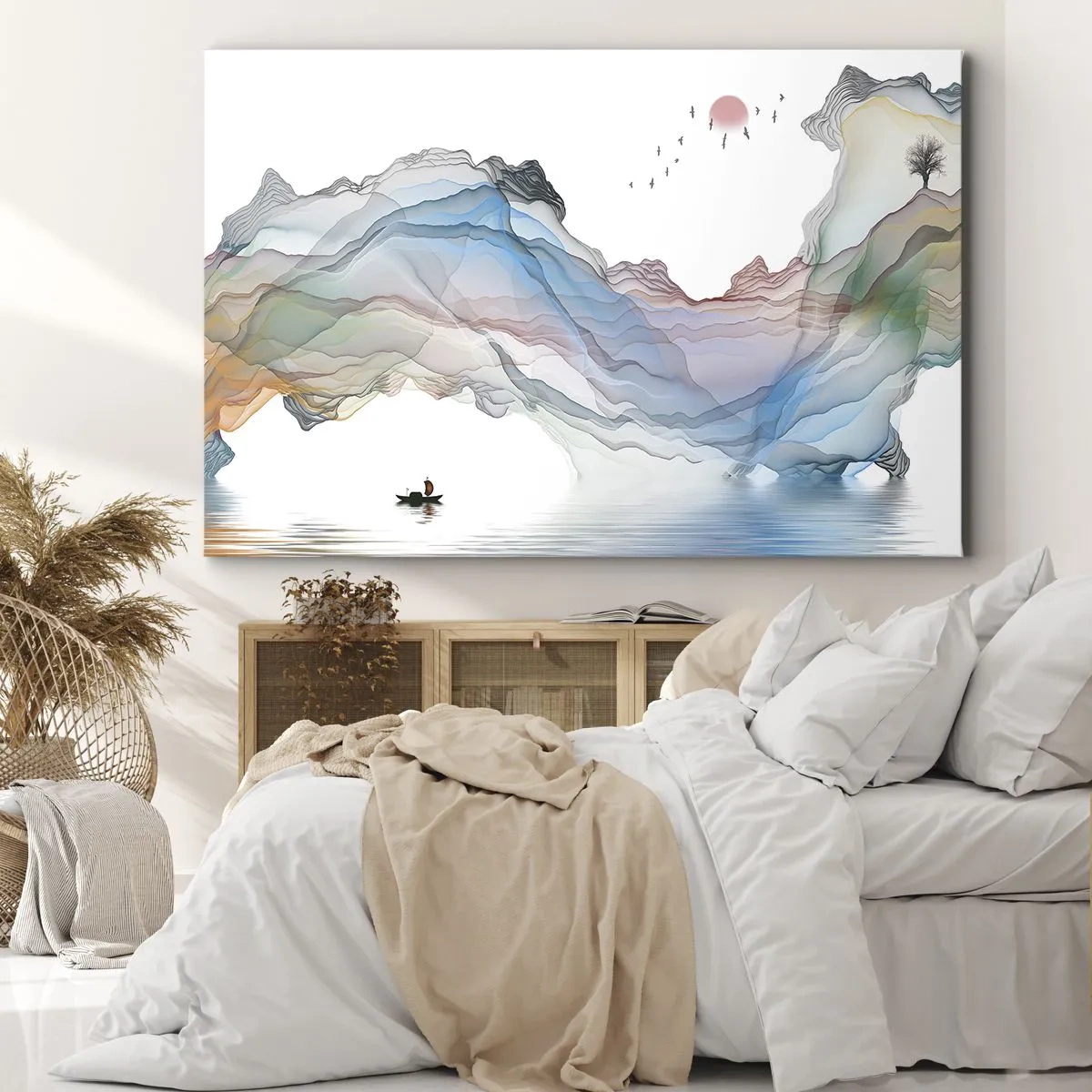 Canvas picture - A subtle landscape with mountains, water, and a boat - 70x50cm - Towards Crystal Mountains - Modern wall decoration for the living room and bedroom ARTTOR