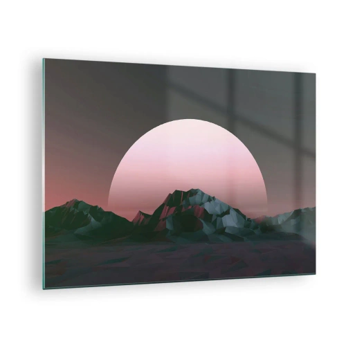 Glass picture - Abstract landscape with geometric mountains and a pink sun. - 70x50cm - In a Neighbouring Galaxy - Modern wall decoration for the living room and bedroom ARTTOR