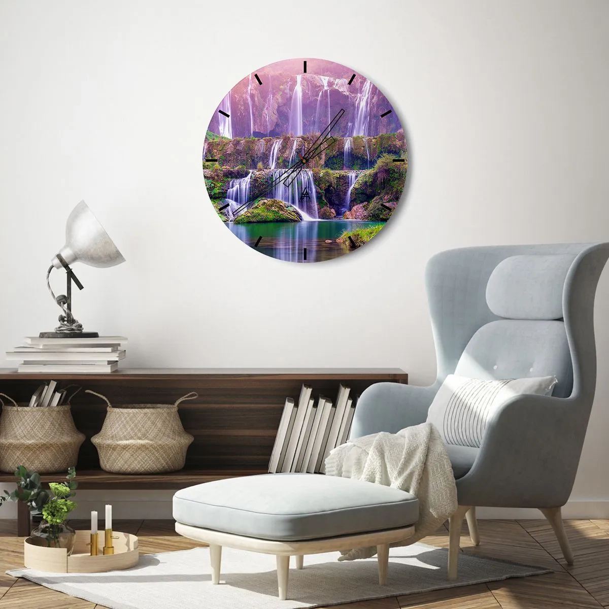 Wall clock - Clock on glass - A waterfall surrounded by greenery with reflections of light in a pink shade - 30x30cm - Stairway to Heaven - Modern wall decoration for the living room, kitchen, and bedroom ARTTOR