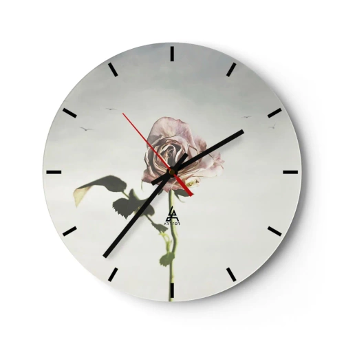 Wall clock - Clock on glass - A delicate rose on a light background with birds in the distance - 30x30cm - Welcoming of Spring - Modern wall decoration for the living room, kitchen, and bedroom ARTTOR