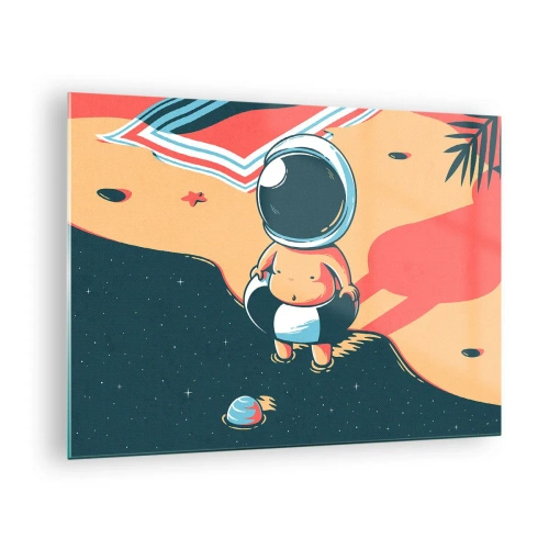 Glass picture - Astronaut figure on a beach with a cosmic landscape - 70x50cm - From a Different Perspective - Modern wall decoration for the living room and bedroom ARTTOR