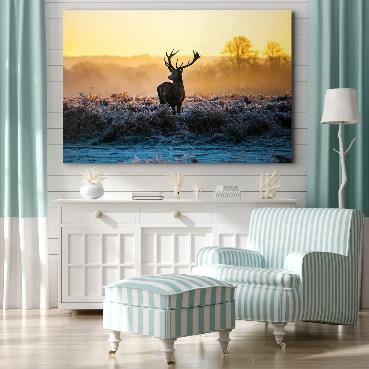 Canvas picture - A deer in a frosty clearing at sunrise - 70x50cm - Crowned in Its Kingdom - Modern wall decoration for the living room and bedroom ARTTOR