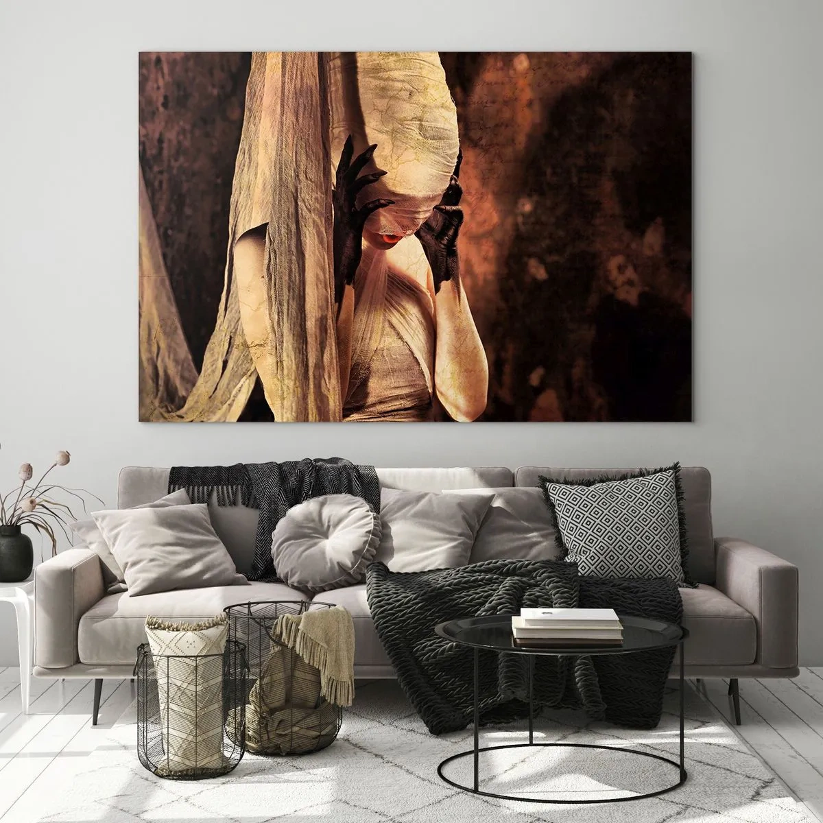 Glass picture - A mysterious woman surrounded by golden fabrics - 70x50cm - Between Good and Evil - Modern wall decoration for the living room and bedroom ARTTOR