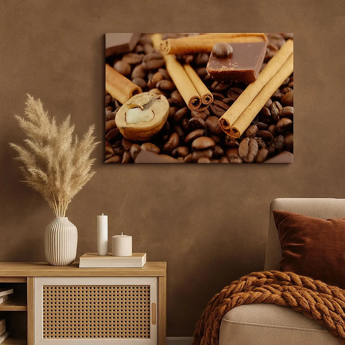 Canvas picture - Coffee beans with cinnamon sticks, chocolate and walnut. - 70x50cm - Concert of Aromas - Modern wall decoration for the living room and bedroom ARTTOR