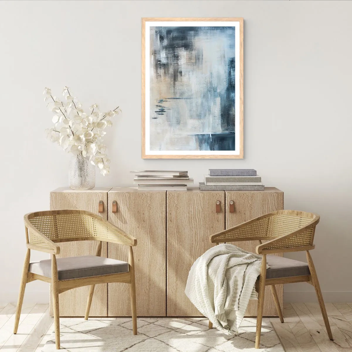 Poster in light oak frame - Behind the Curtain of Blue - 70x100 cm